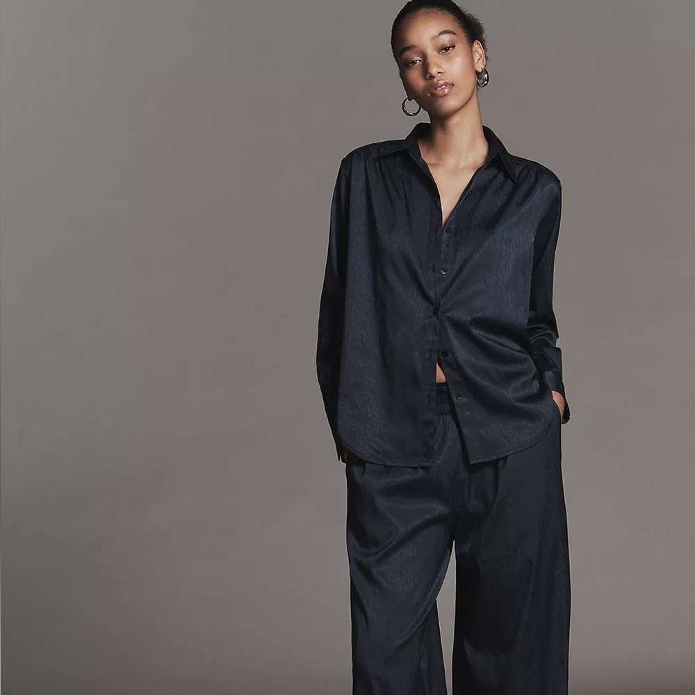 Anthropologie‎ Black Viscose Satin Button Down